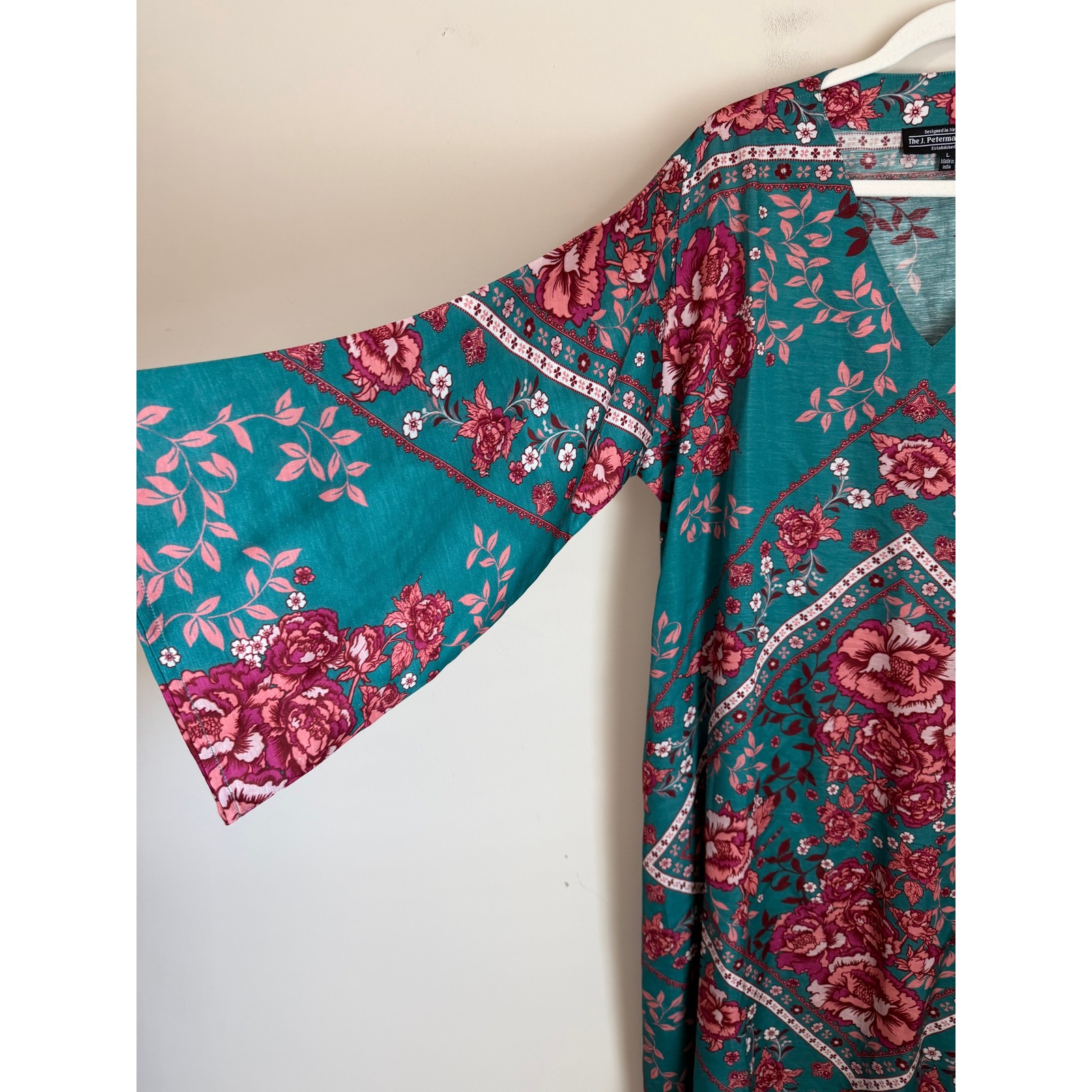 The J. Peterman Company Kaftan Dress Women L Boho Linen Floral Cap Sleeve — image 3 of 8
